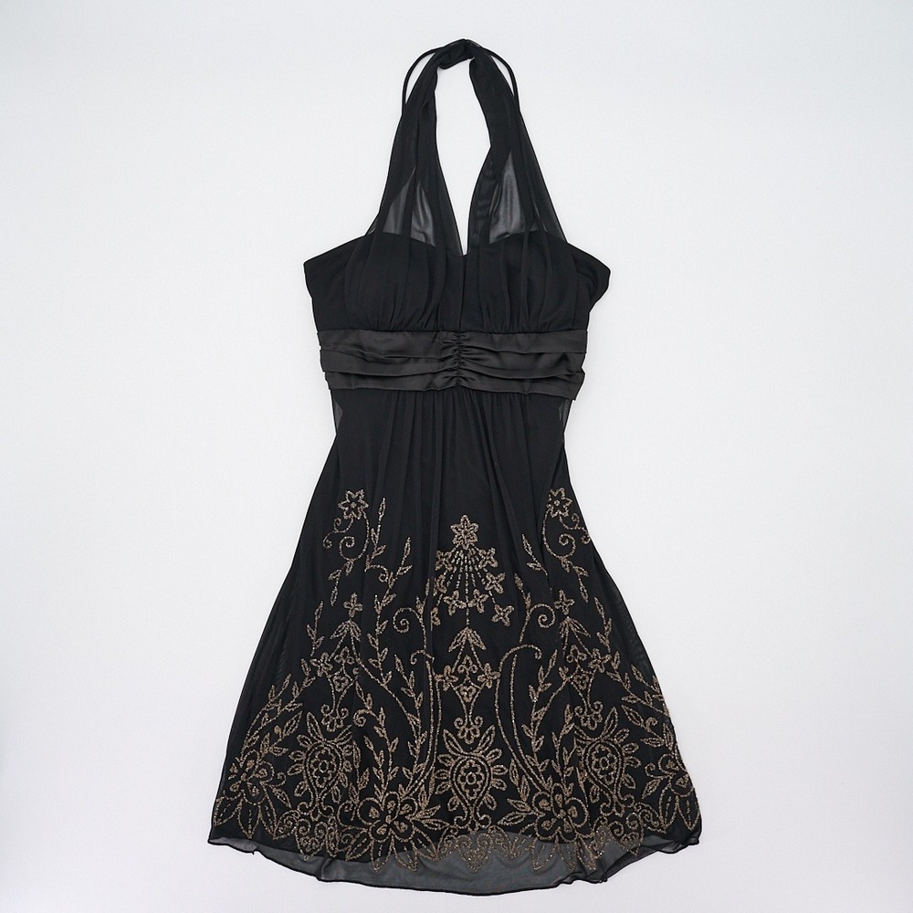 Unknown Brand Black & Gold Beaded Halter Dress Mesh Overlay Satin Bow